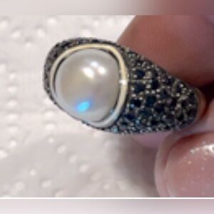 **SOLD**Matthew Campbell Laurenza Pearl and Black Sapphires Sterling Silver Ring